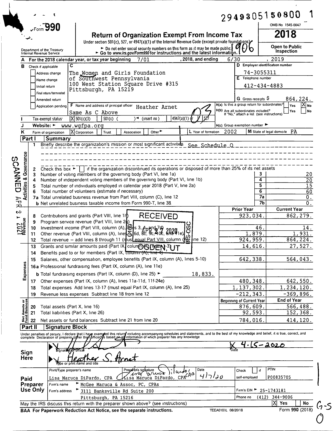 Image of first page of 2018 Form 990 for The Women and Girls Foundation of Southwest Pennsylvania