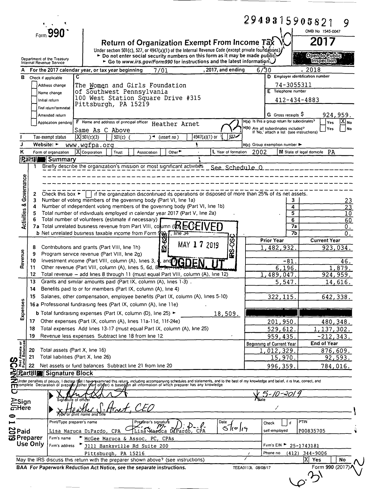 Image of first page of 2017 Form 990 for The Women and Girls Foundation of Southwest Pennsylvania
