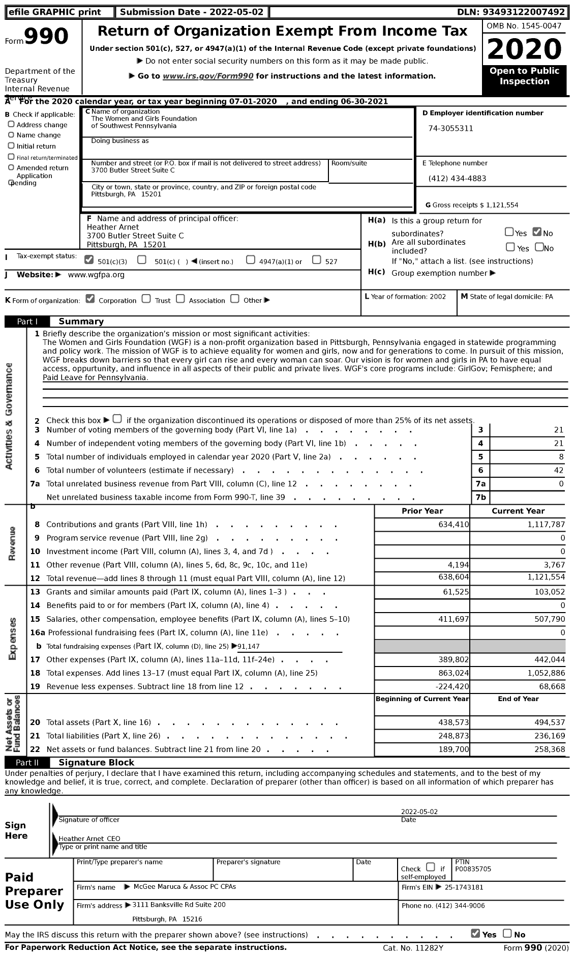 Image of first page of 2020 Form 990 for The Women and Girls Foundation of Southwest Pennsylvania