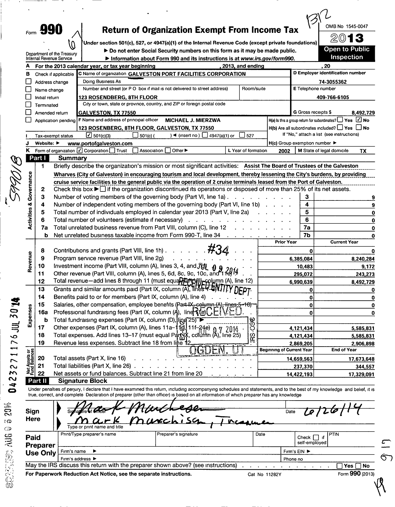 Image of first page of 2013 Form 990 for Galveston Port Facilities Corporation