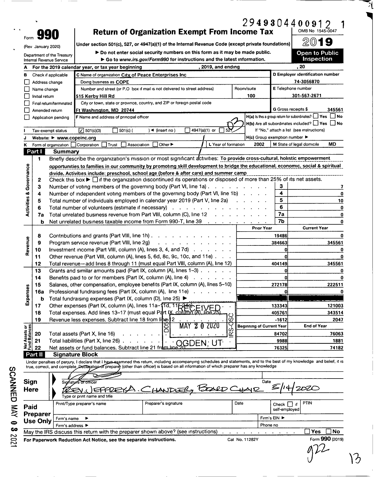 Image of first page of 2019 Form 990 for City of Peace Enterprises