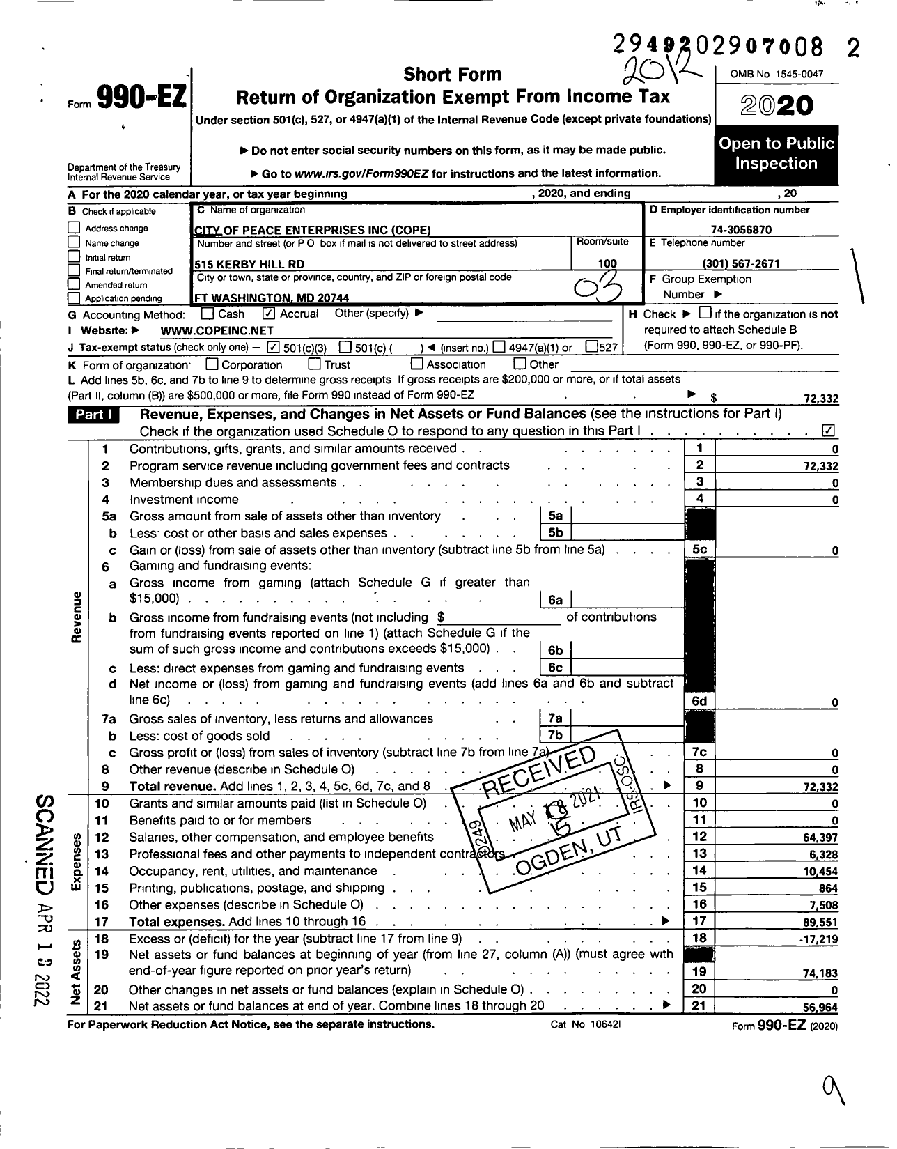 Image of first page of 2020 Form 990EZ for City of Peace Enterprises