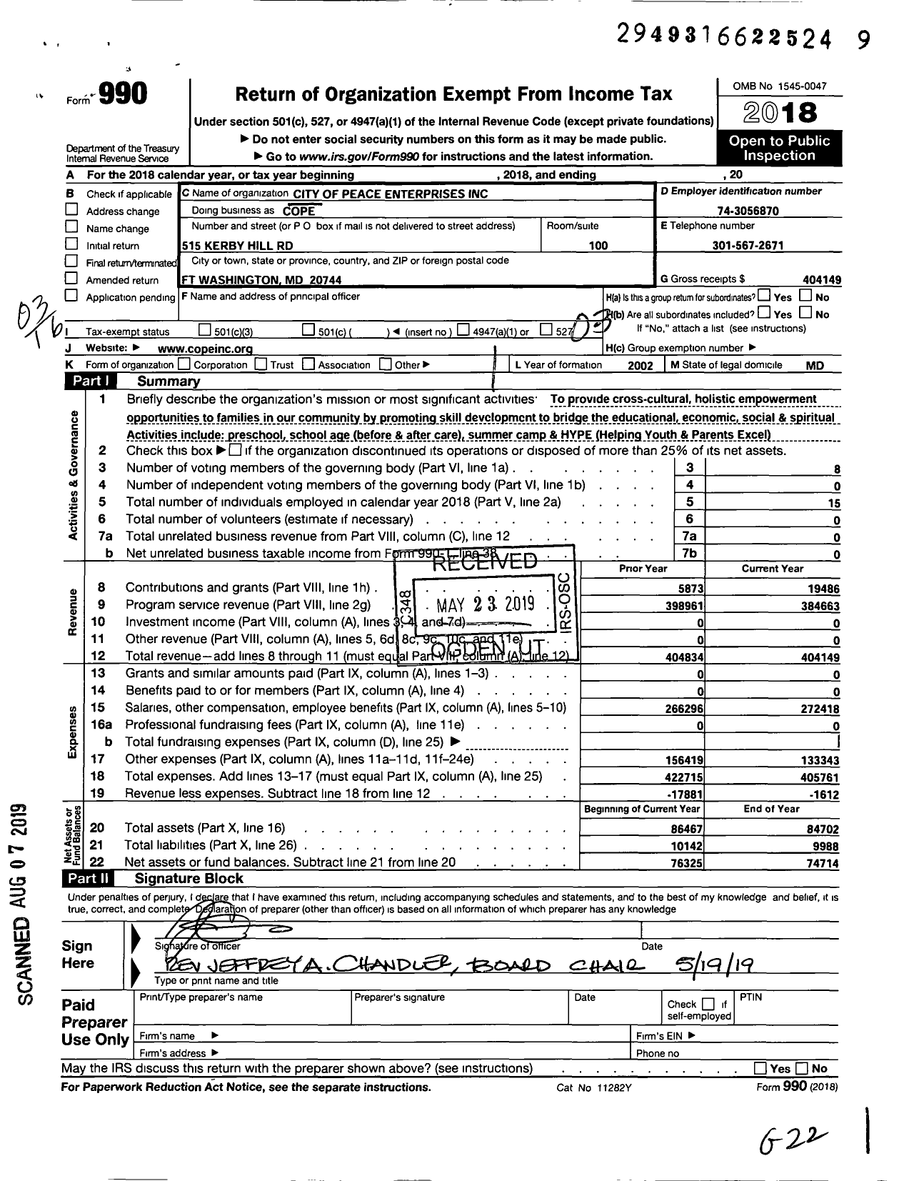 Image of first page of 2018 Form 990 for City of Peace Enterprises