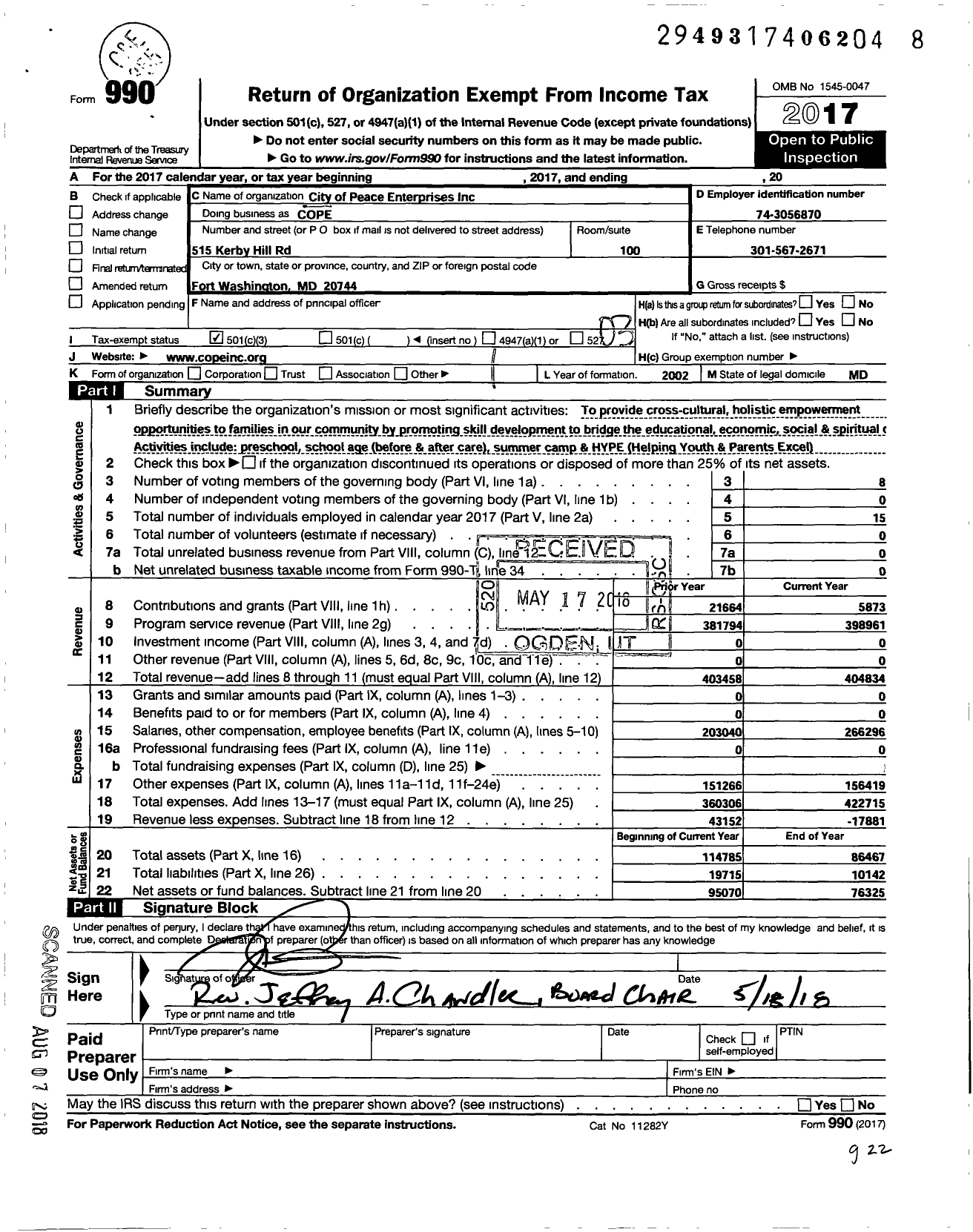 Image of first page of 2017 Form 990 for City of Peace Enterprises