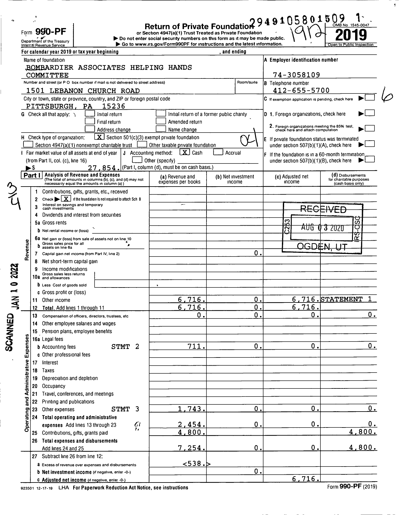 Image of first page of 2019 Form 990PF for Bombardier Associates Helping Hands Committee