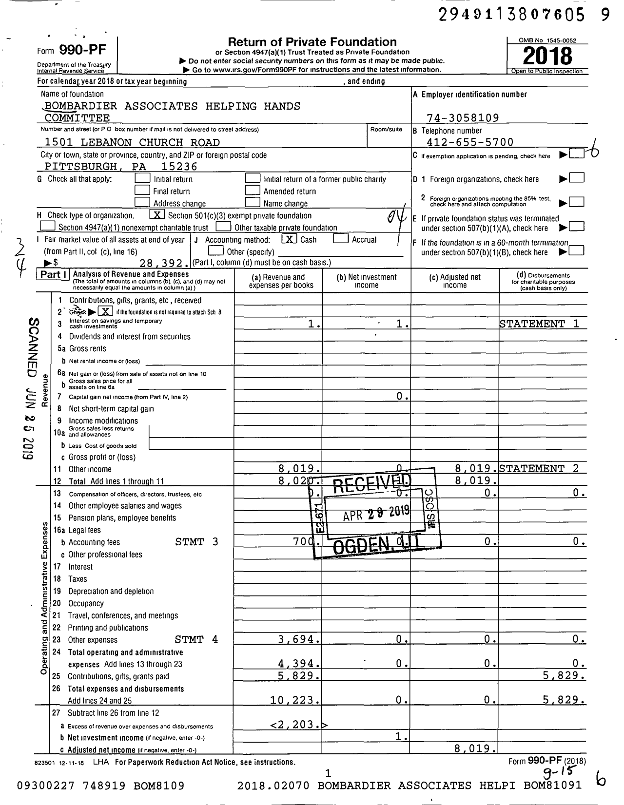 Image of first page of 2018 Form 990PF for Bombardier Associates Helping Hands Committee