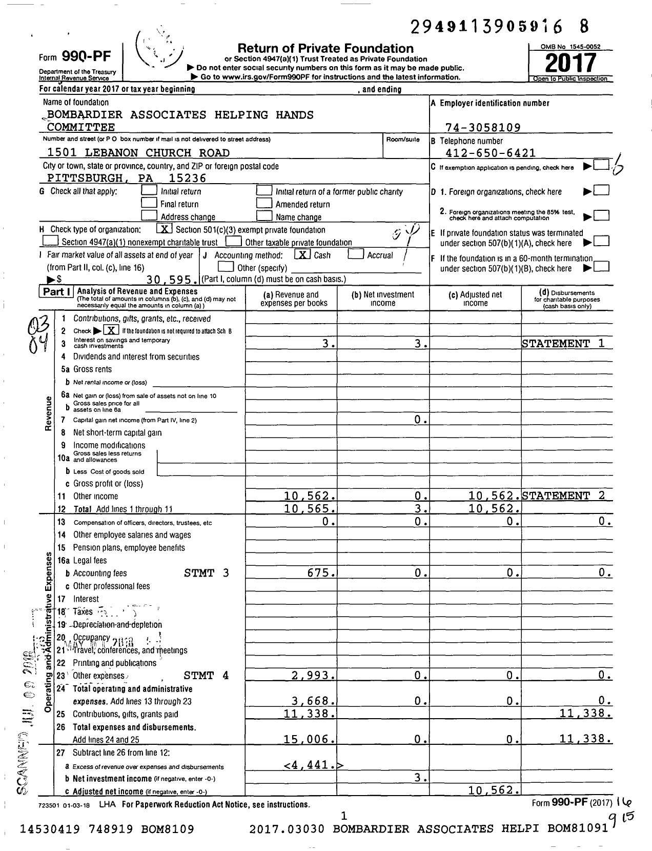 Image of first page of 2017 Form 990PF for Bombardier Associates Helping Hands Committee