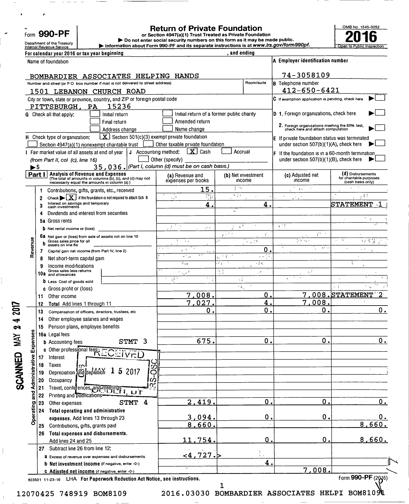 Image of first page of 2016 Form 990PF for Bombardier Associates Helping Hands Committee