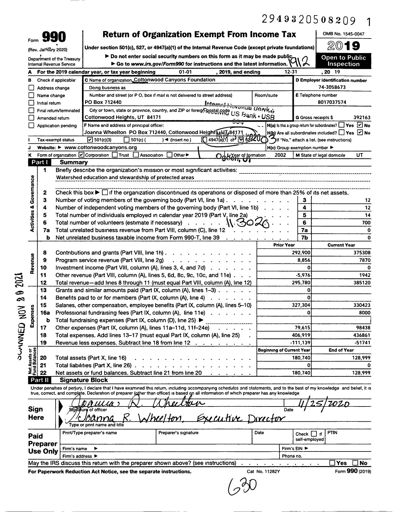 Image of first page of 2019 Form 990 for Cottonwood Canyons Foundation