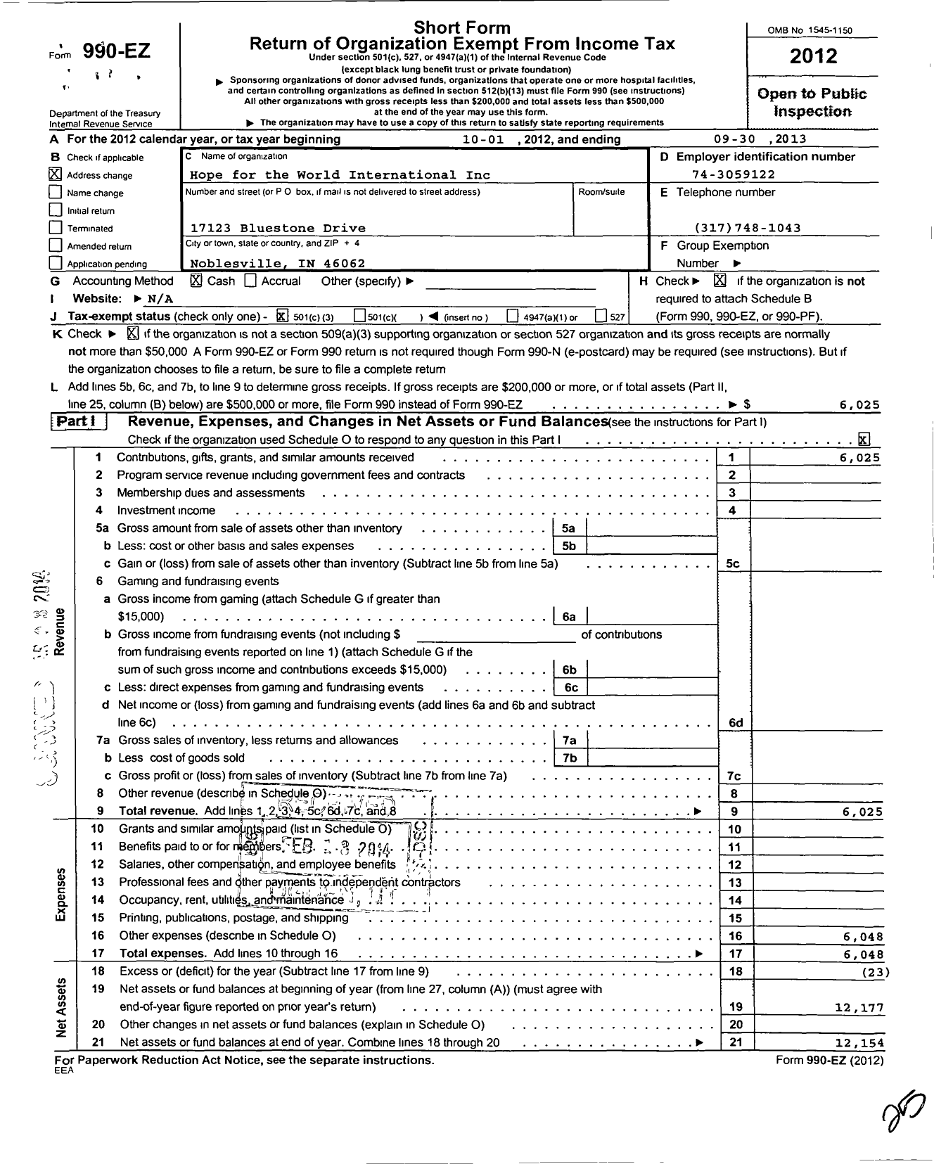 Image of first page of 2012 Form 990EZ for Hope for the World International