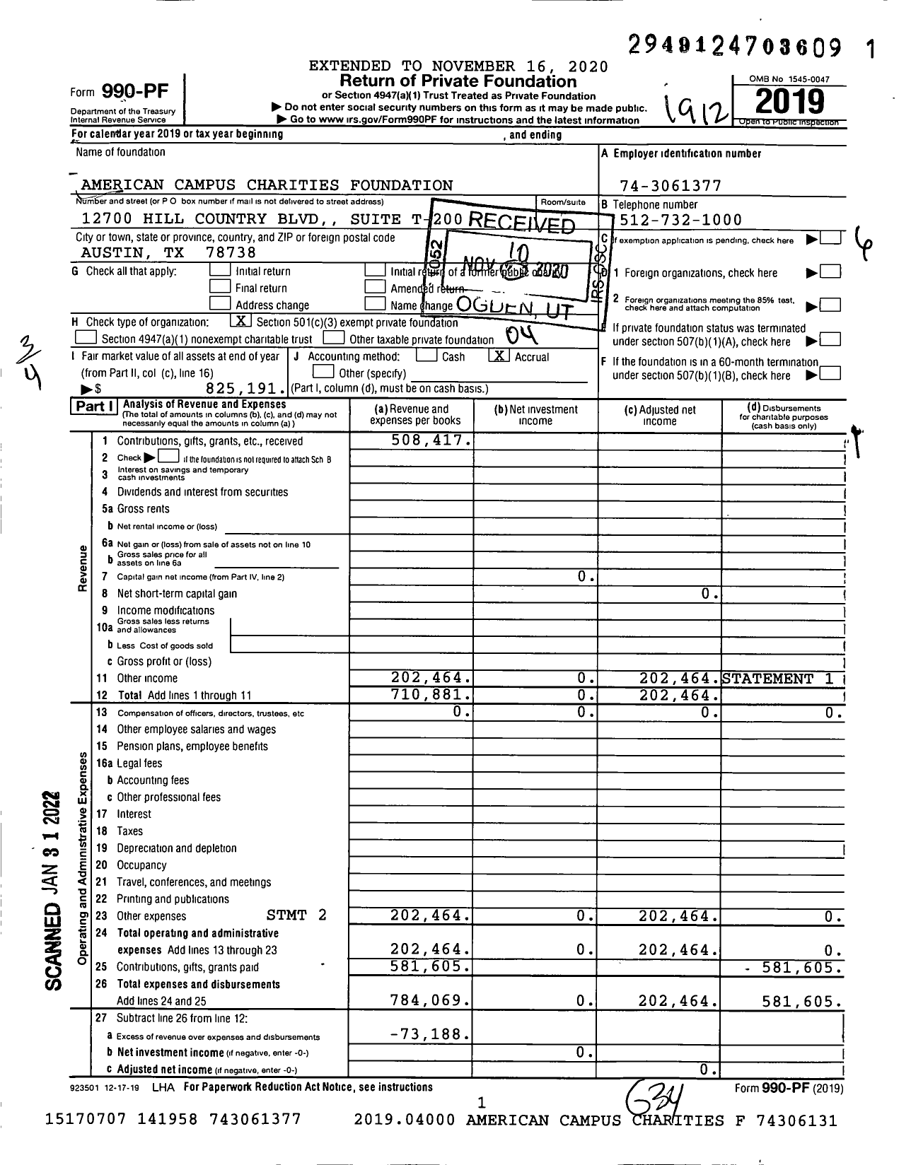 Image of first page of 2019 Form 990PF for American Campus Charities Foundation