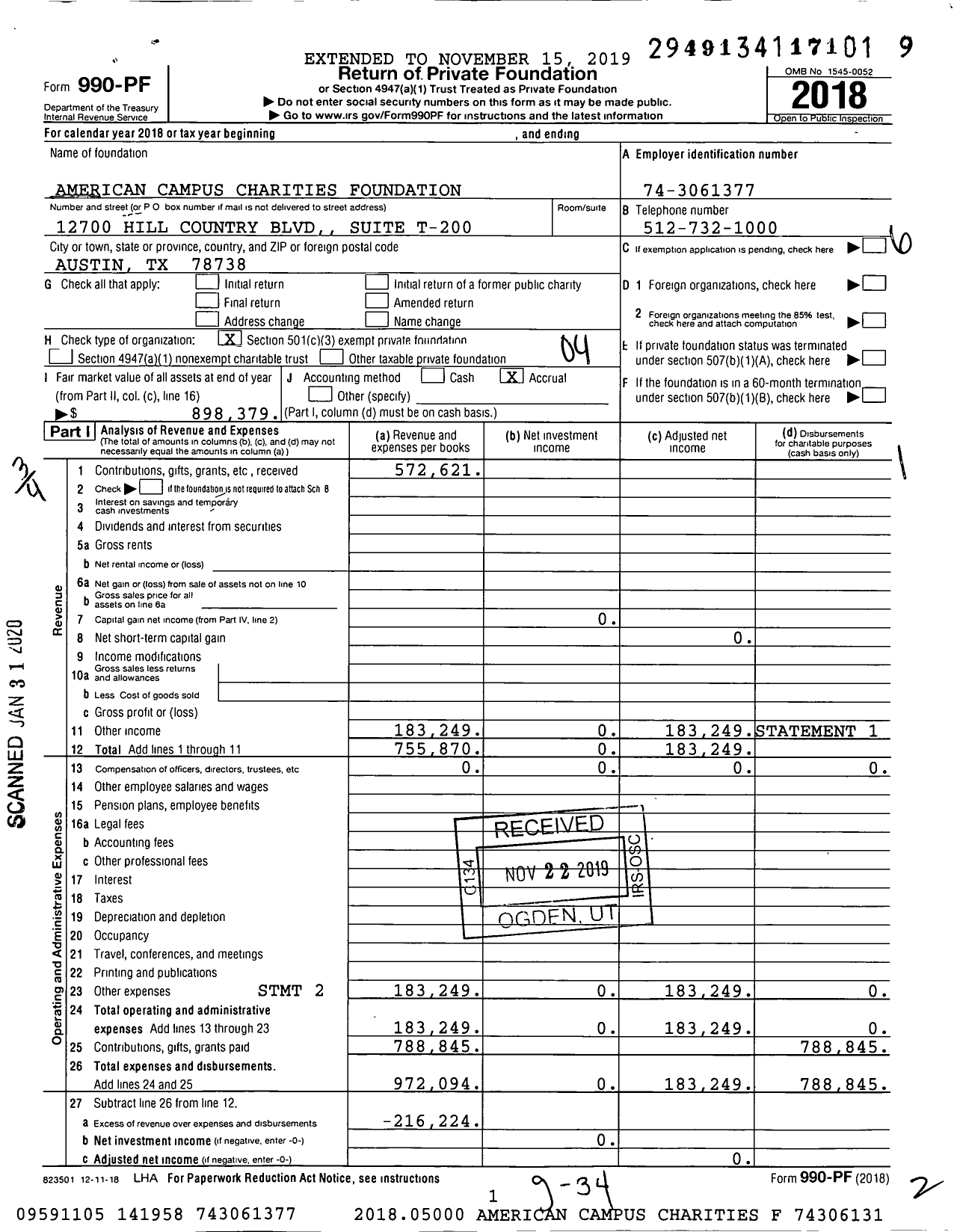 Image of first page of 2018 Form 990PF for American Campus Charities Foundation