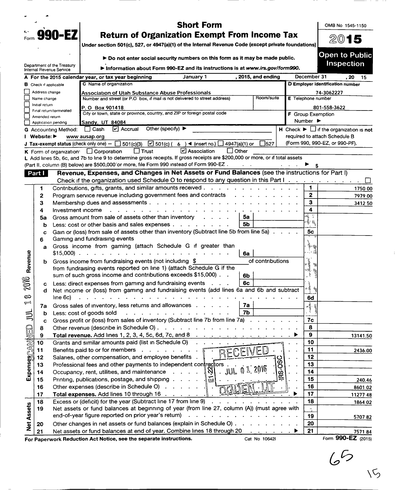 Image of first page of 2015 Form 990EO for Association of Utah Substance Abuse Professionals