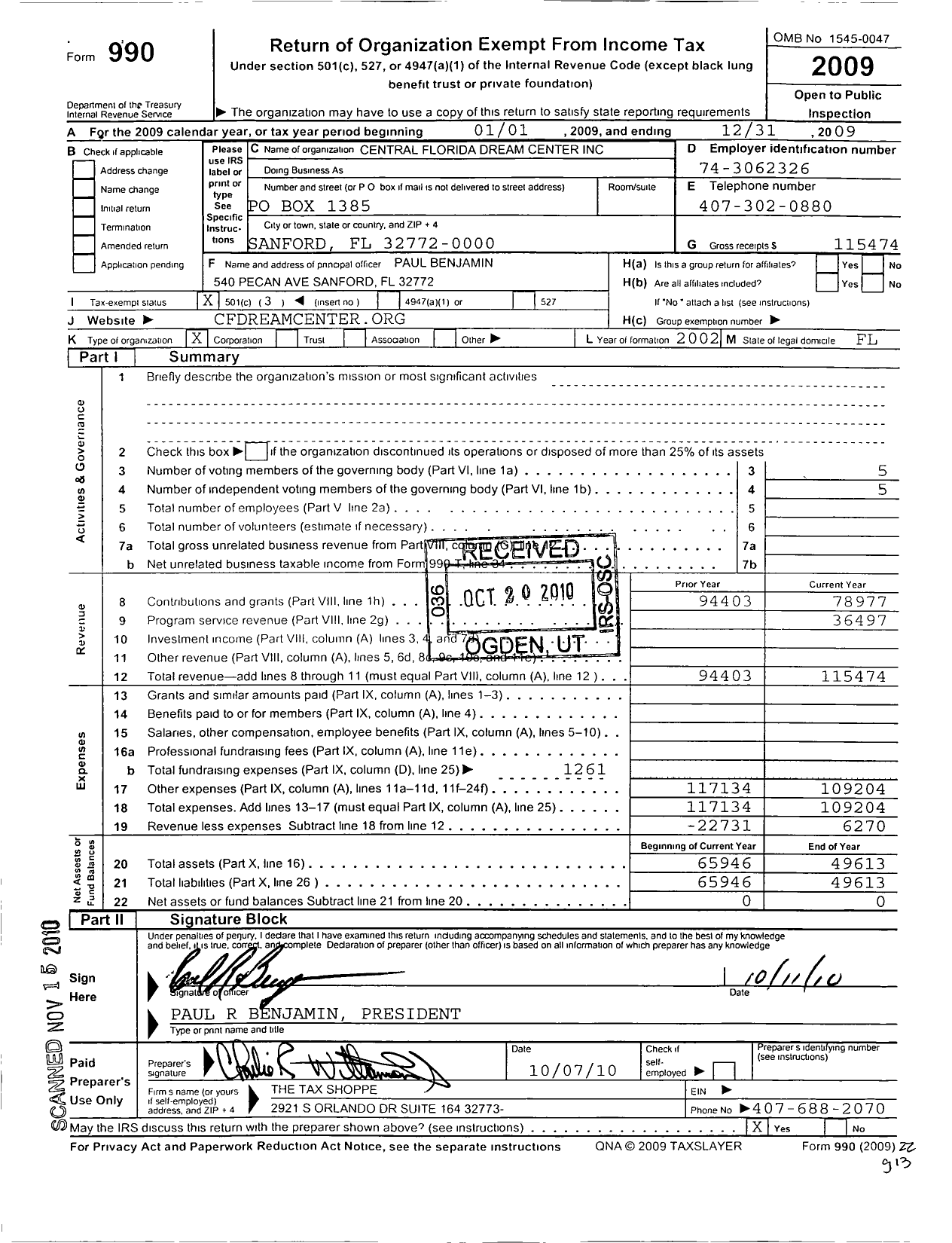 Image of first page of 2009 Form 990 for Central Florida Dream Center