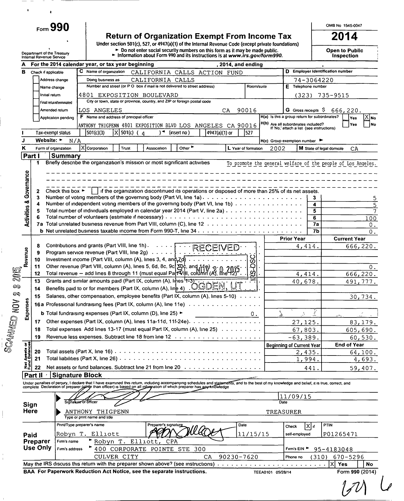 Image of first page of 2014 Form 990O for California Calls