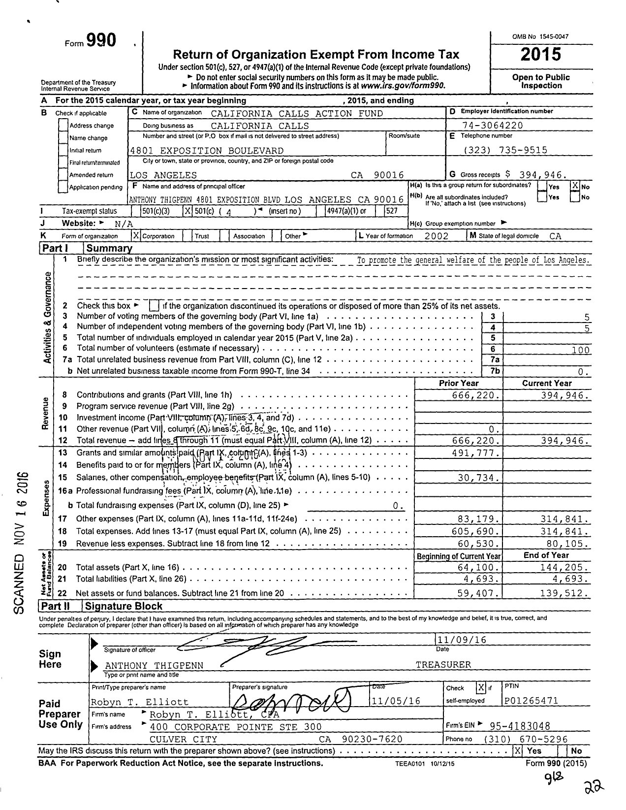 Image of first page of 2015 Form 990O for California Calls