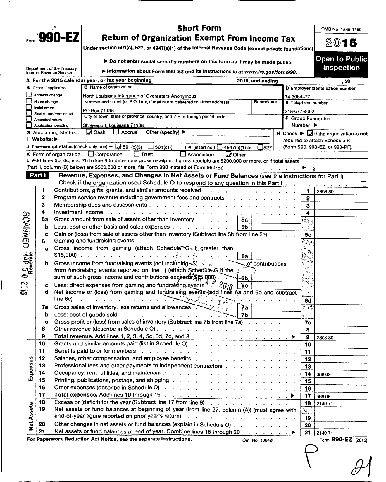 Image of first page of 2015 Form 990EZ for North Louisiana Intergroup of Over Eaters Anonymous