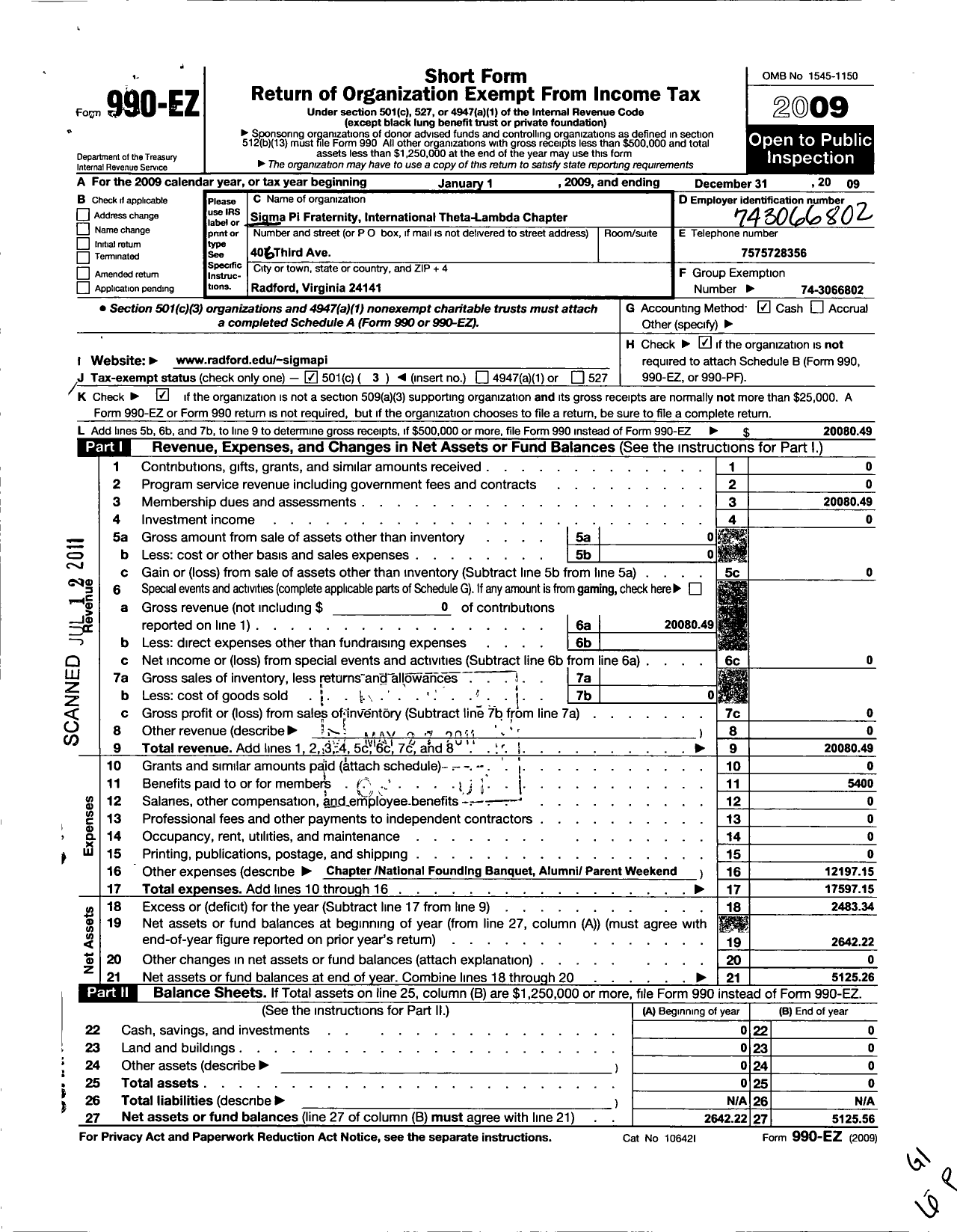 Image of first page of 2009 Form 990EZ for The Radford Chapter of Sigma Pi Fraternity International