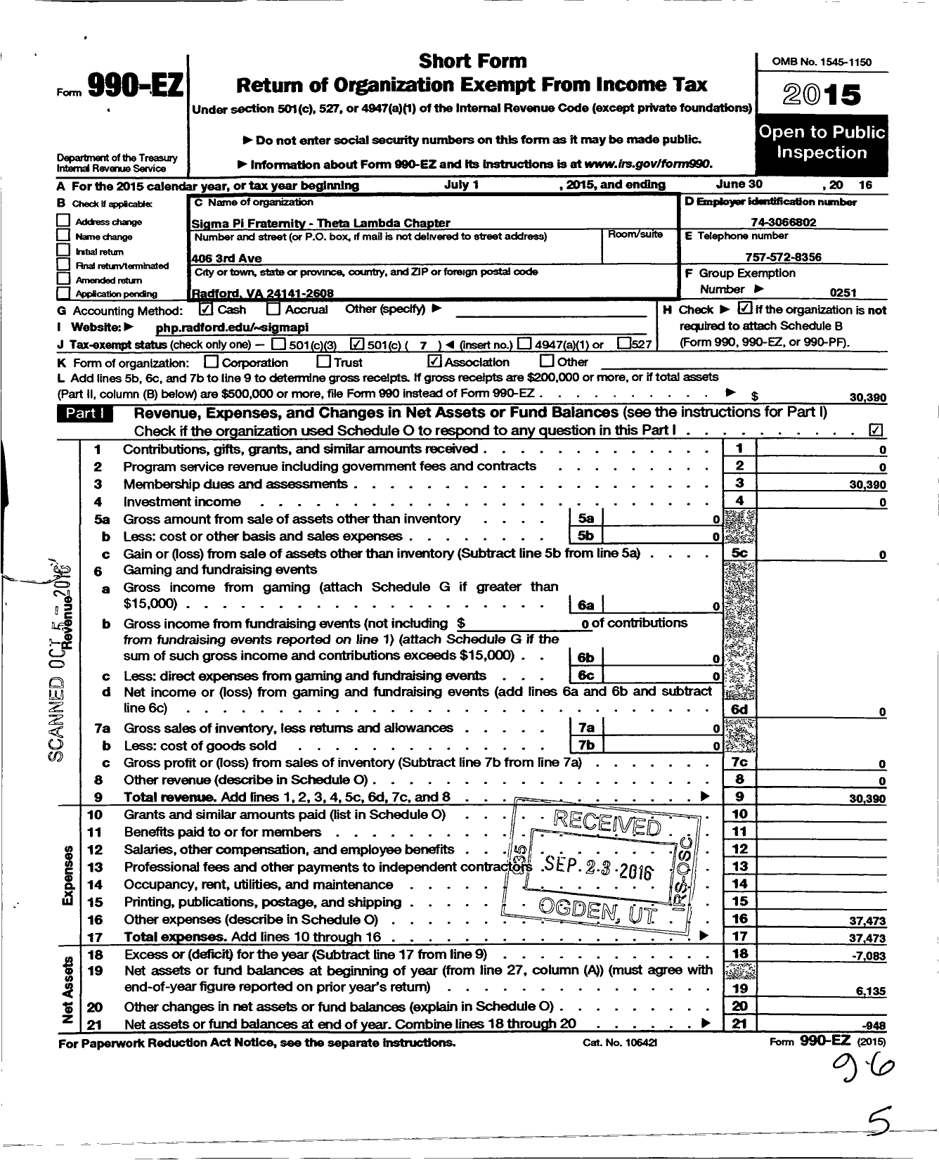 Image of first page of 2015 Form 990EO for The Radford Chapter of Sigma Pi Fraternity International