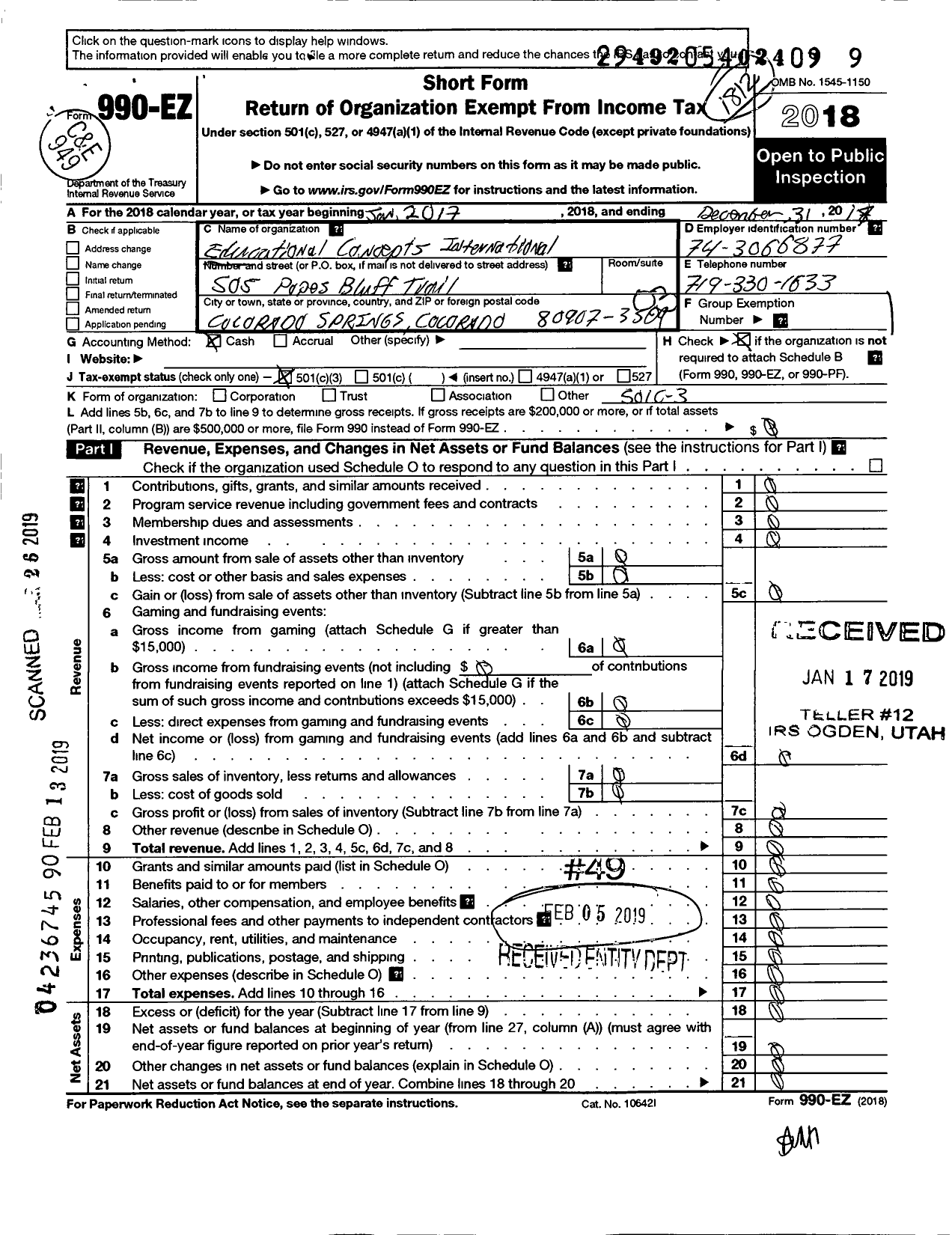 Image of first page of 2018 Form 990EZ for Educational Concepts International