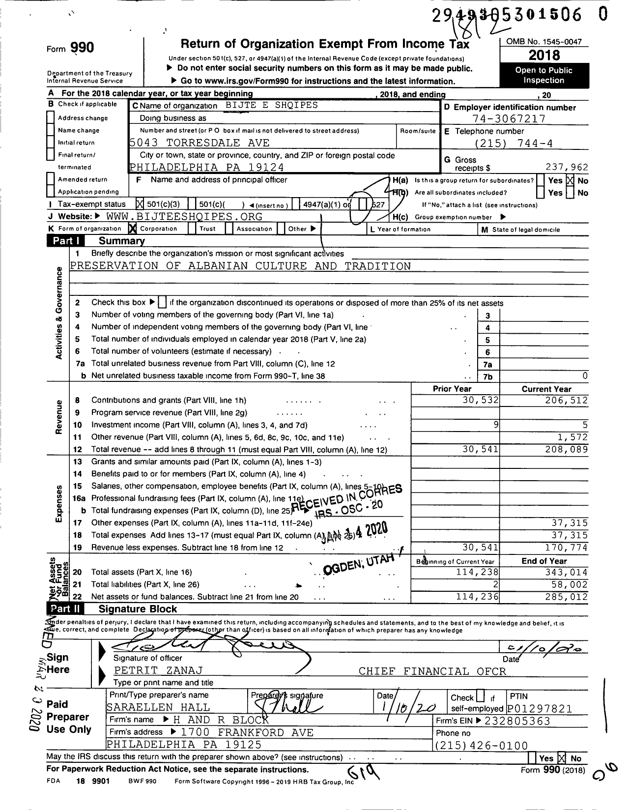 Image of first page of 2018 Form 990 for Bijte E Shqipes