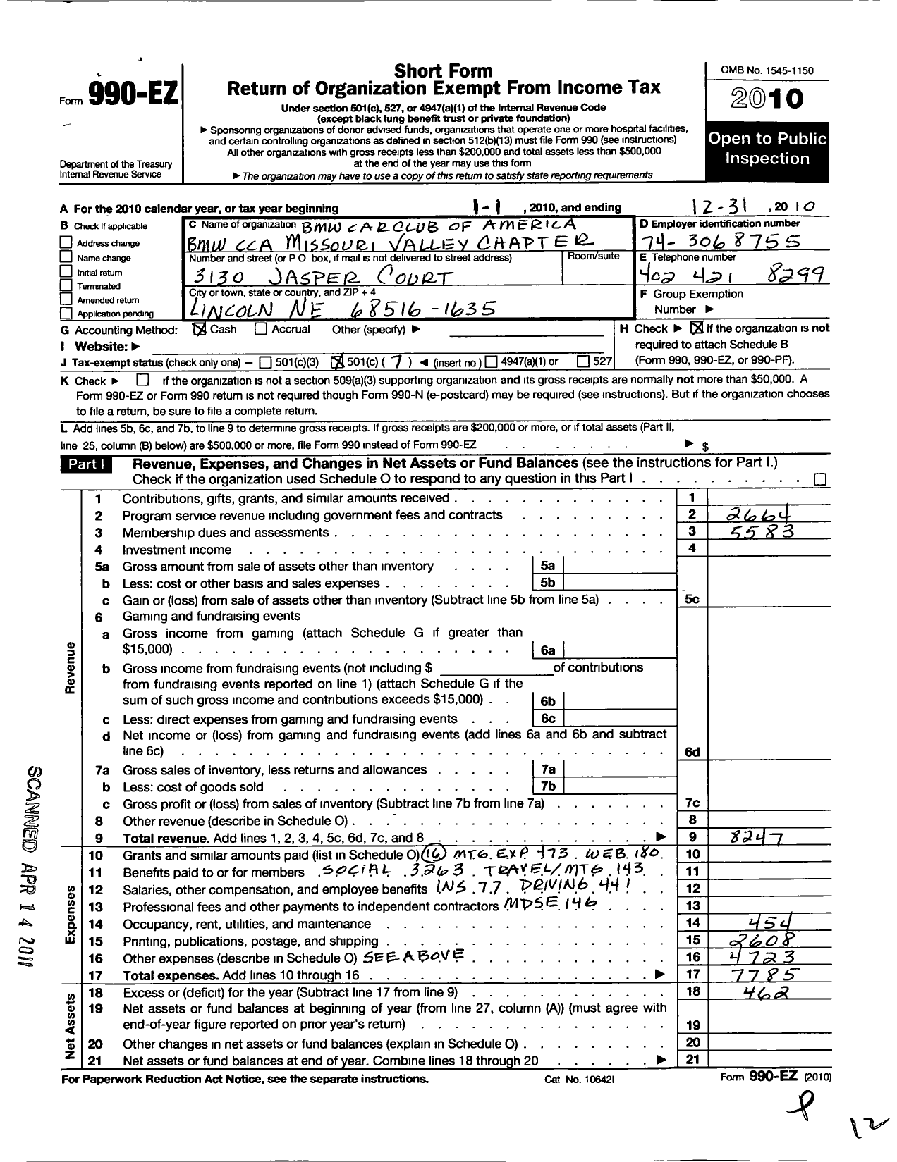 Image of first page of 2010 Form 990EO for BMW Car Club of America / Great Plains Chapter