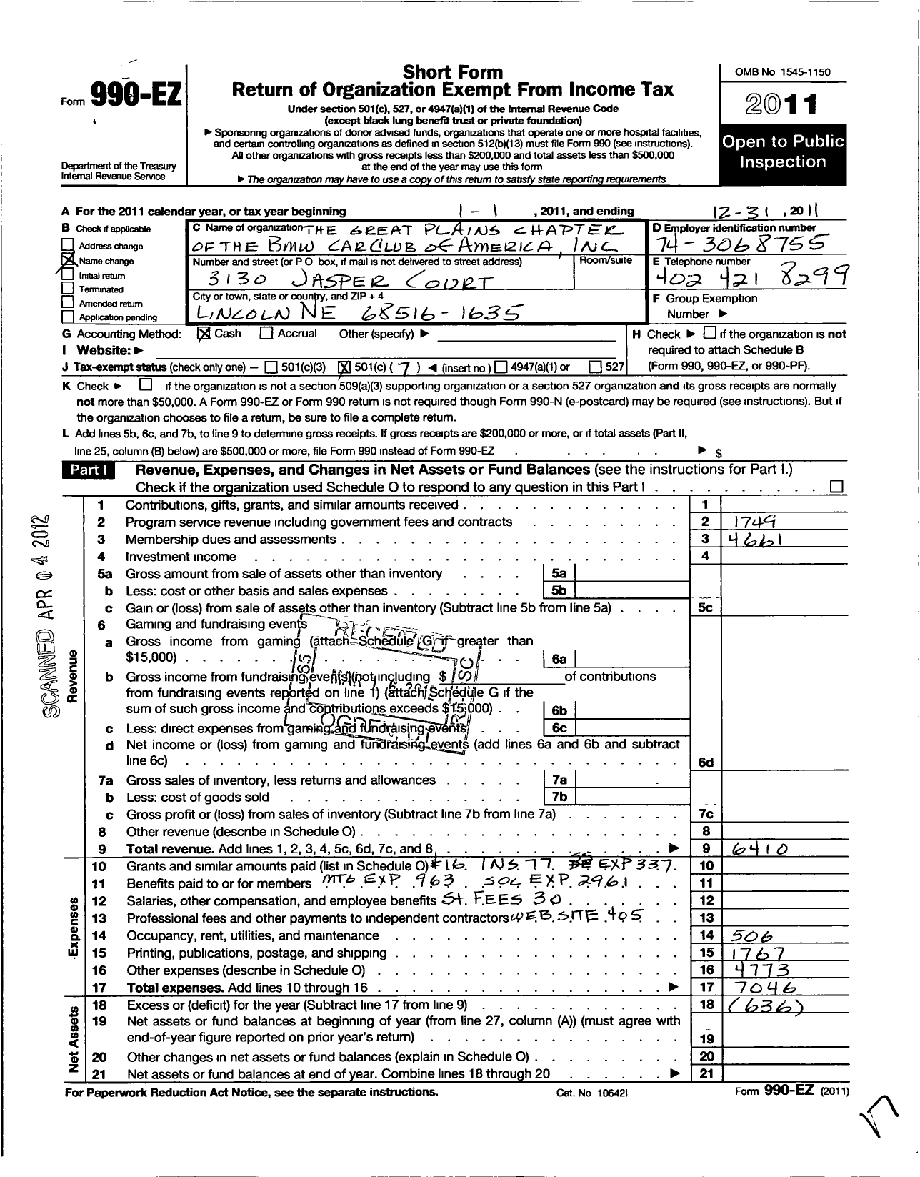 Image of first page of 2011 Form 990EO for BMW Car Club of America / Great Plains Chapter