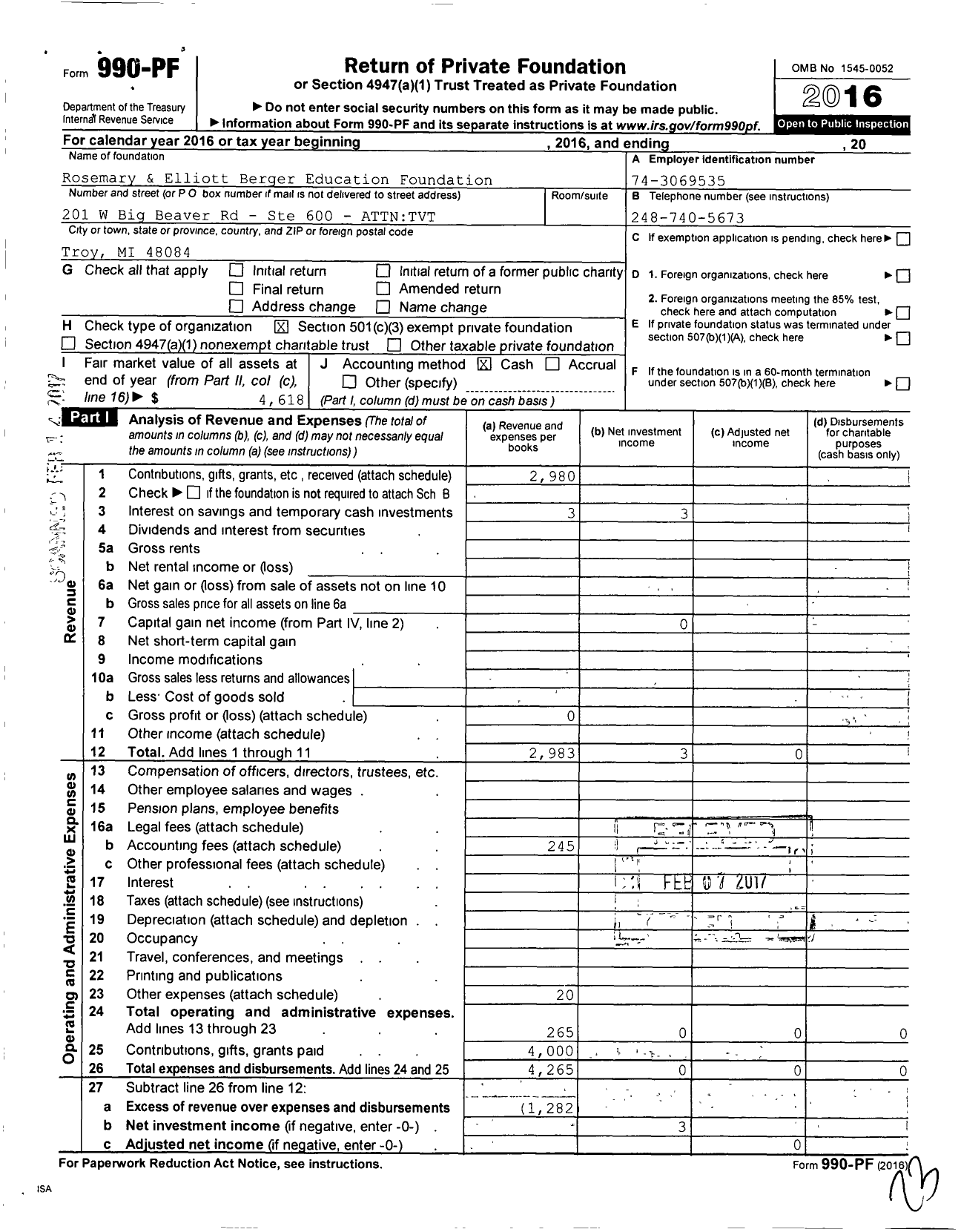 Image of first page of 2016 Form 990PF for Rosemary and Elliott Berger Education Foundation