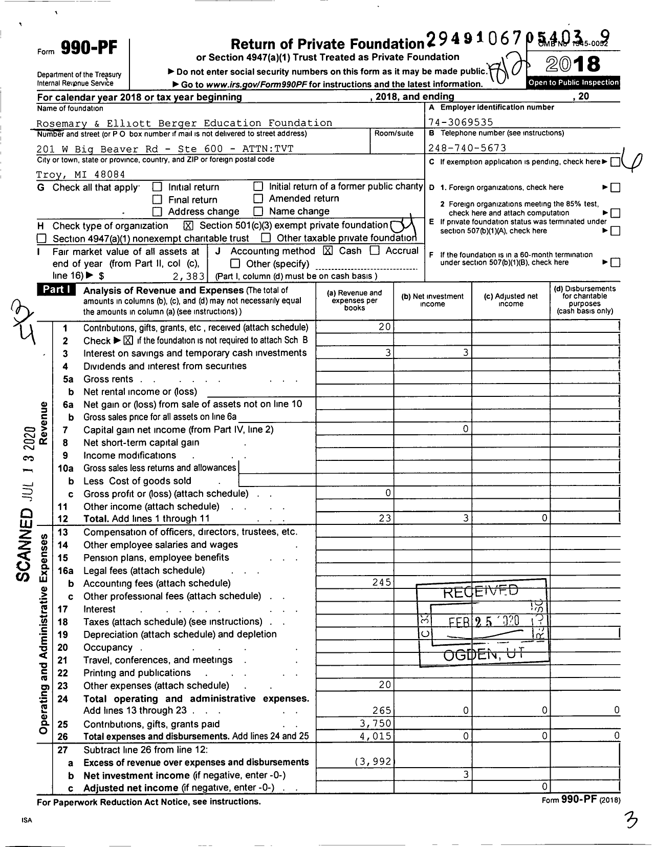 Image of first page of 2018 Form 990PR for Rosemary and Elliott Berger Education Foundation