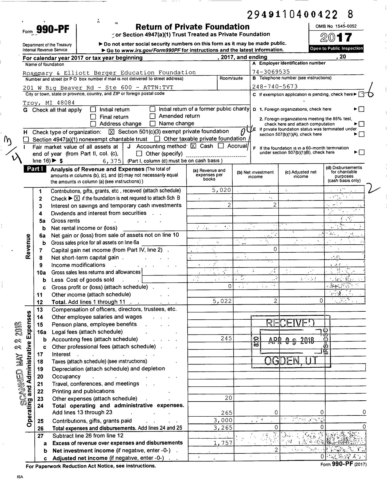 Image of first page of 2017 Form 990PF for Rosemary and Elliott Berger Education Foundation