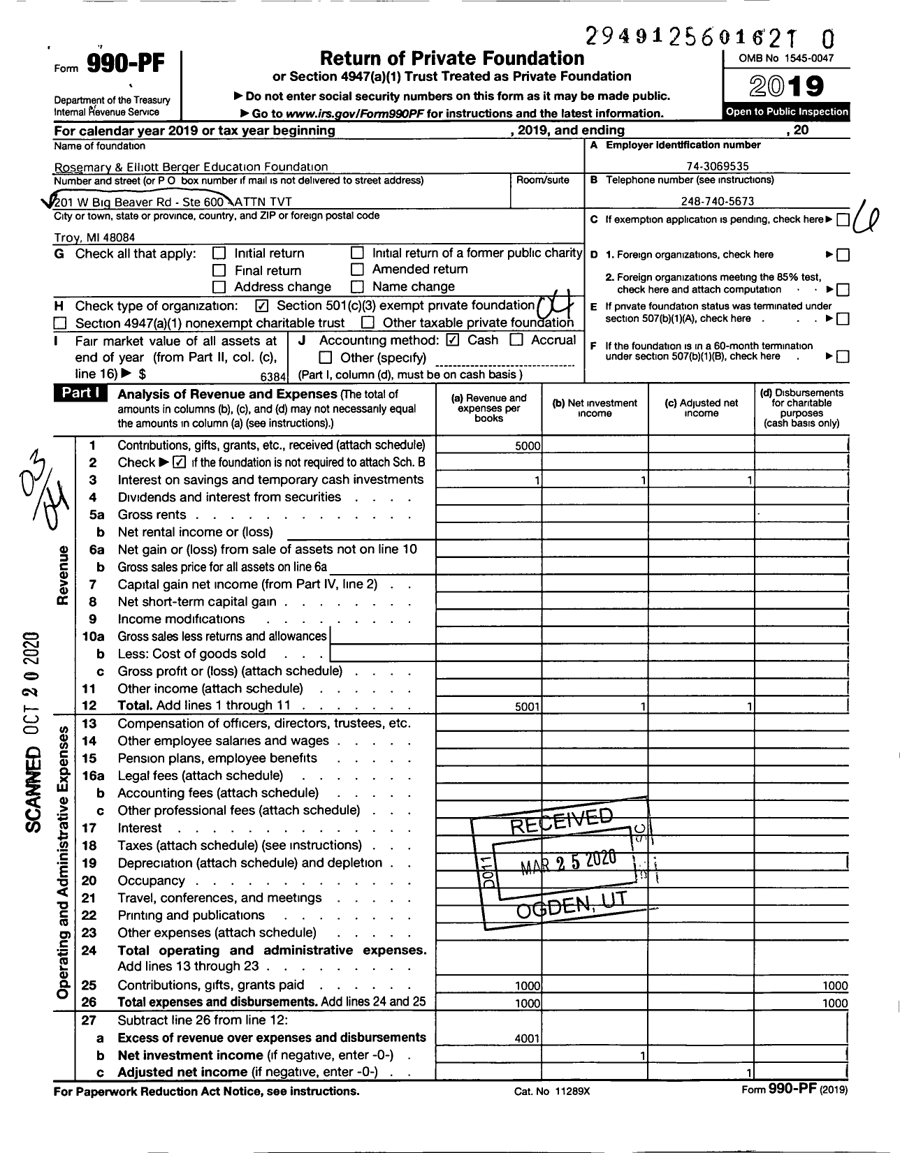 Image of first page of 2019 Form 990PR for Rosemary and Elliott Berger Education Foundation