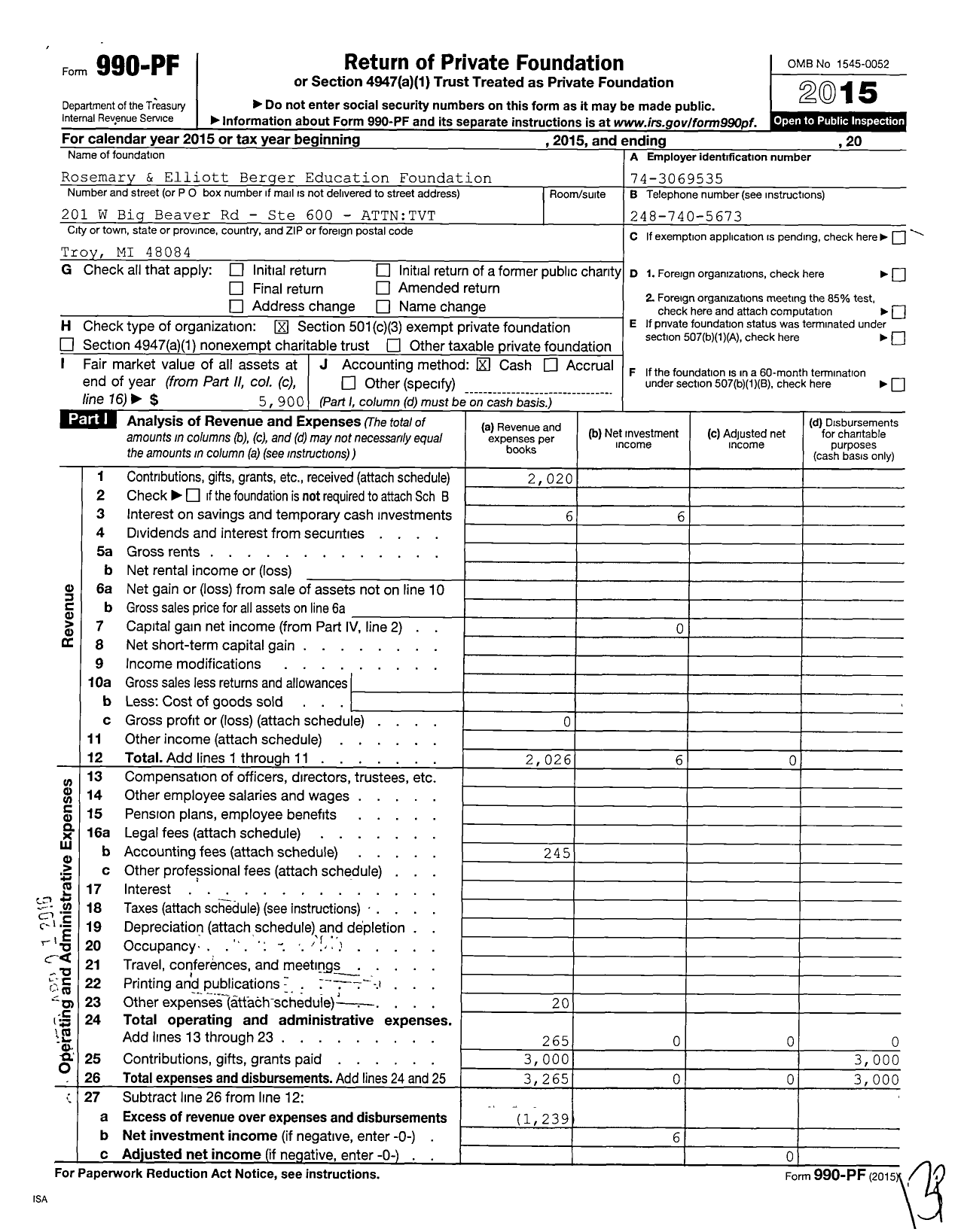 Image of first page of 2015 Form 990PF for Rosemary and Elliott Berger Education Foundation