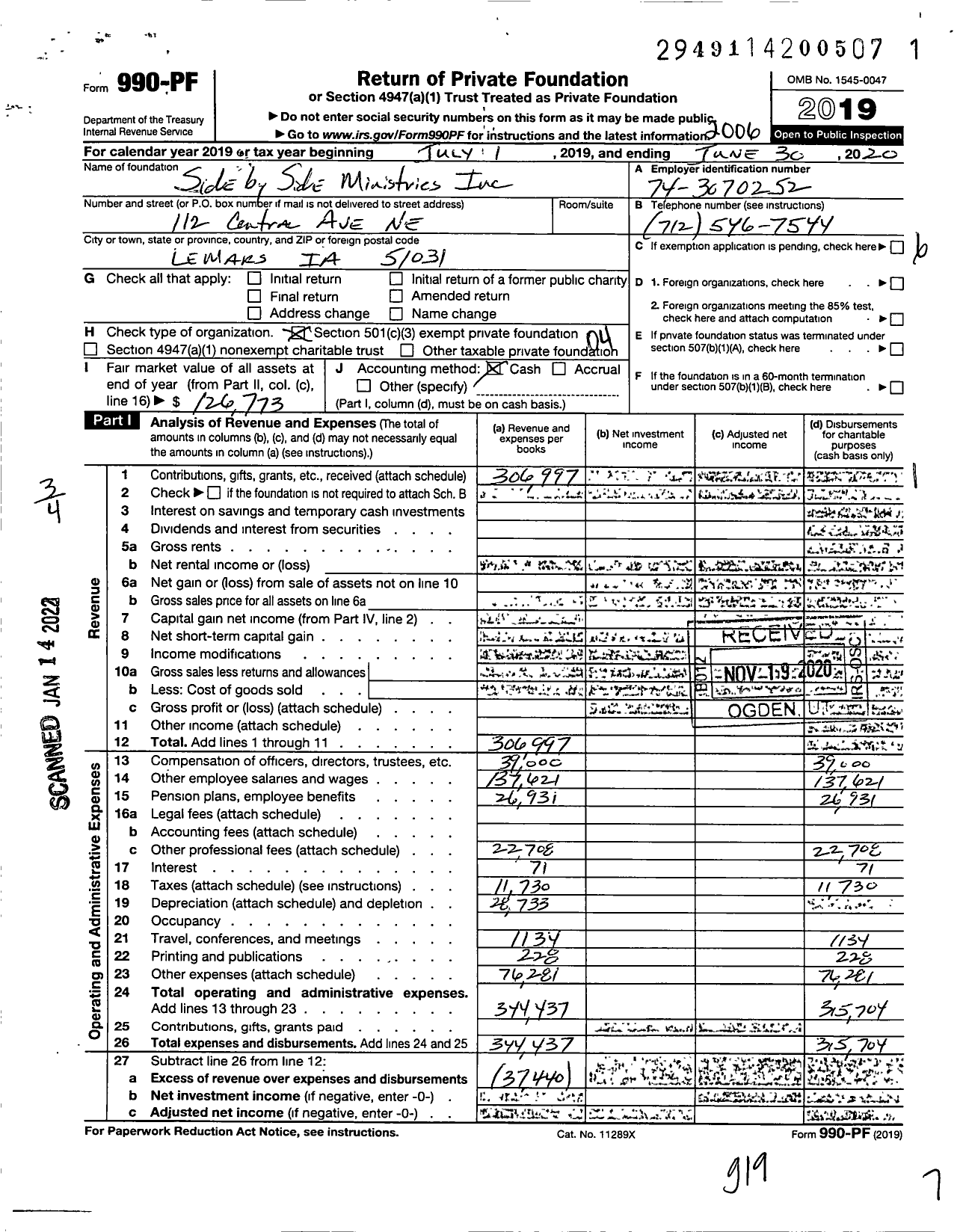 Image of first page of 2019 Form 990PF for Side By Side Ministries