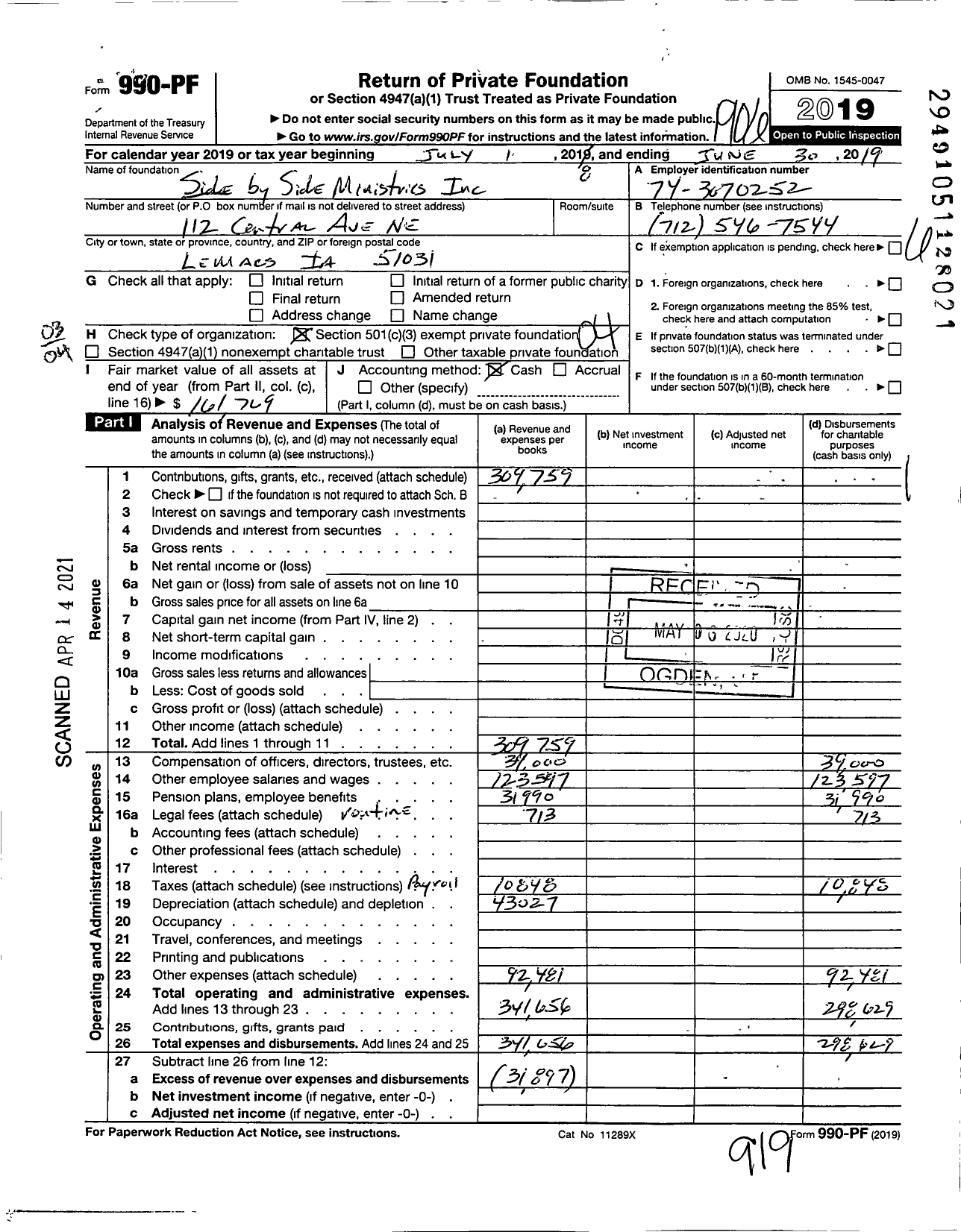 Image of first page of 2018 Form 990PF for Side By Side Ministries