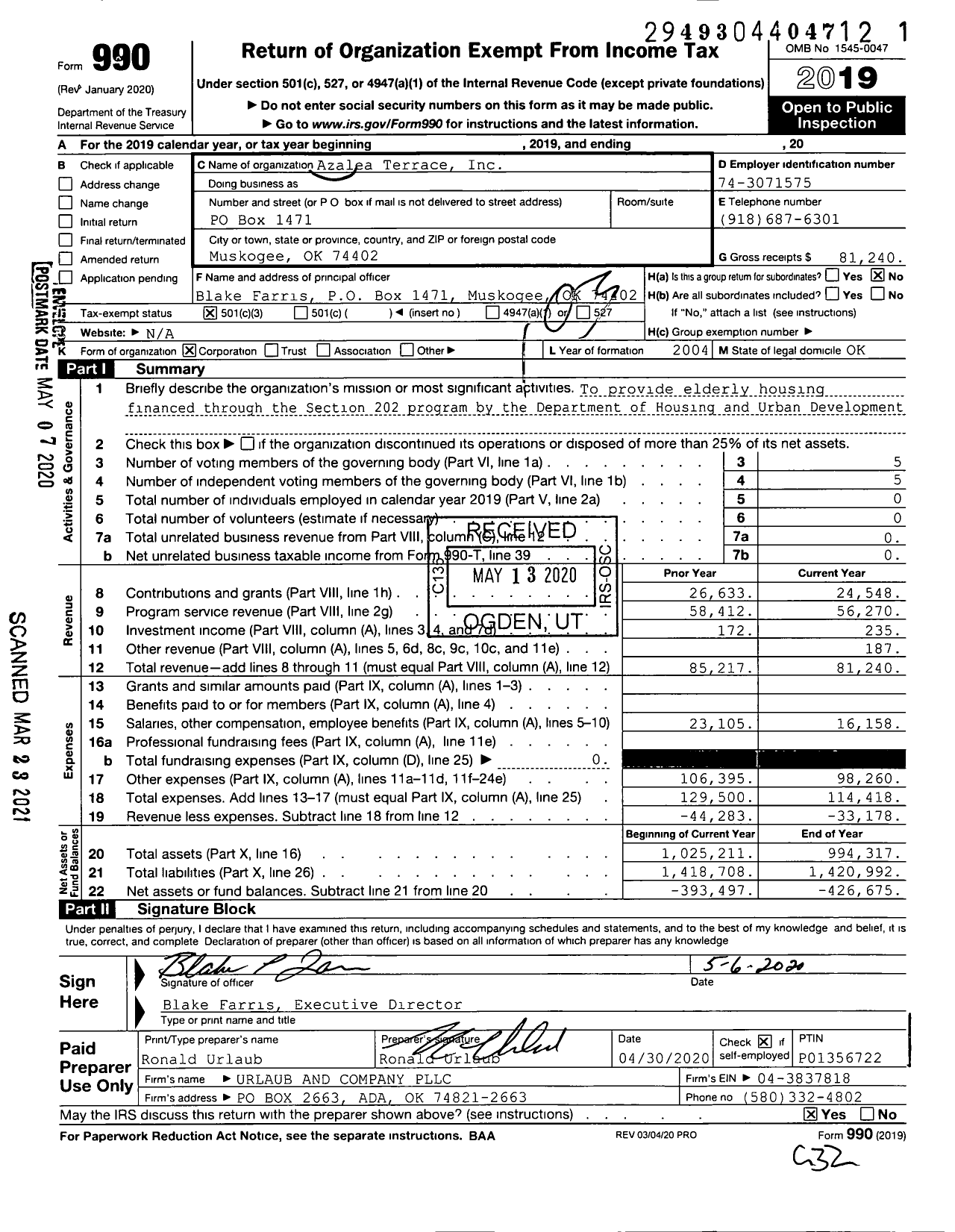 Image of first page of 2019 Form 990 for Azalea Terrace