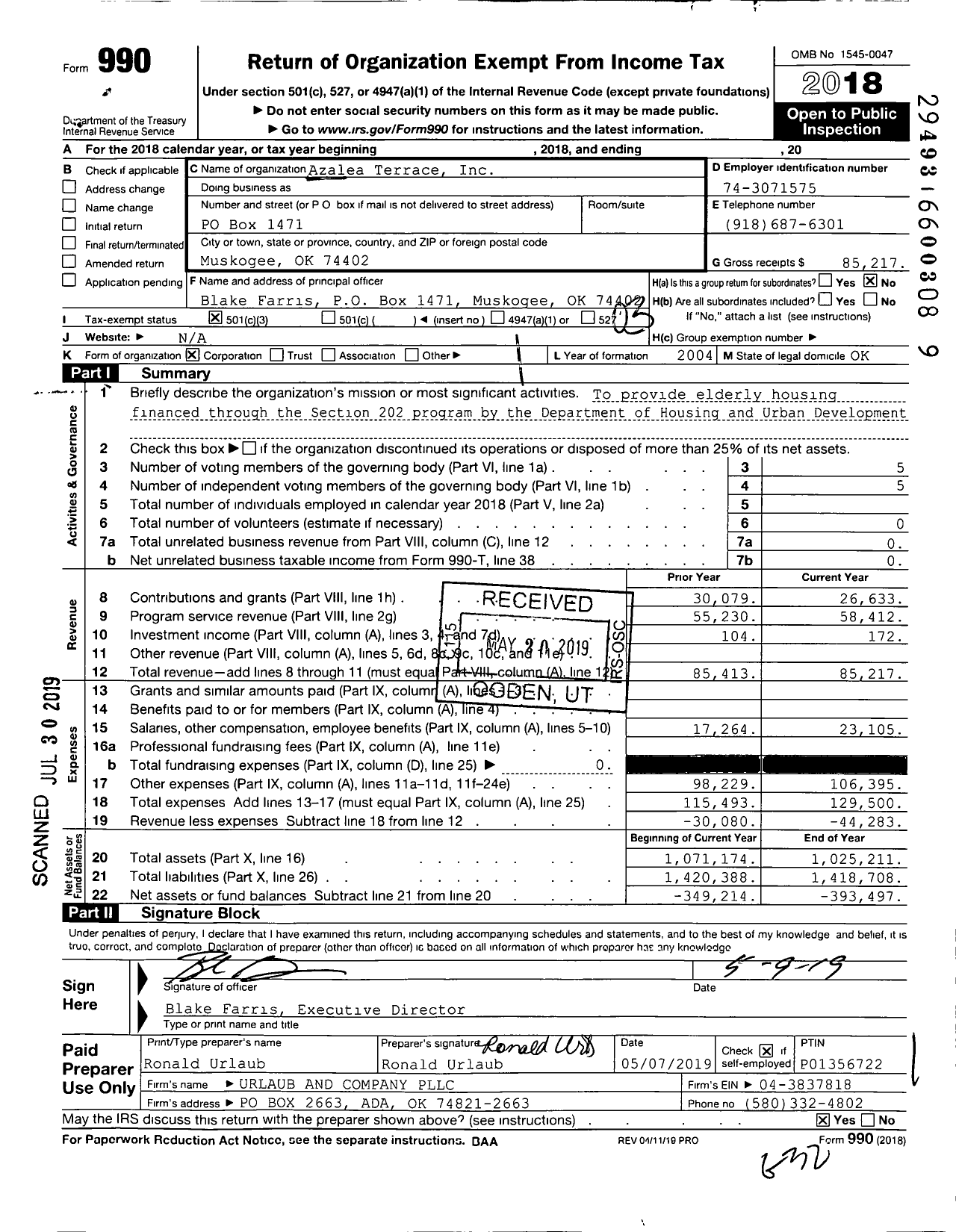 Image of first page of 2018 Form 990 for Azalea Terrace