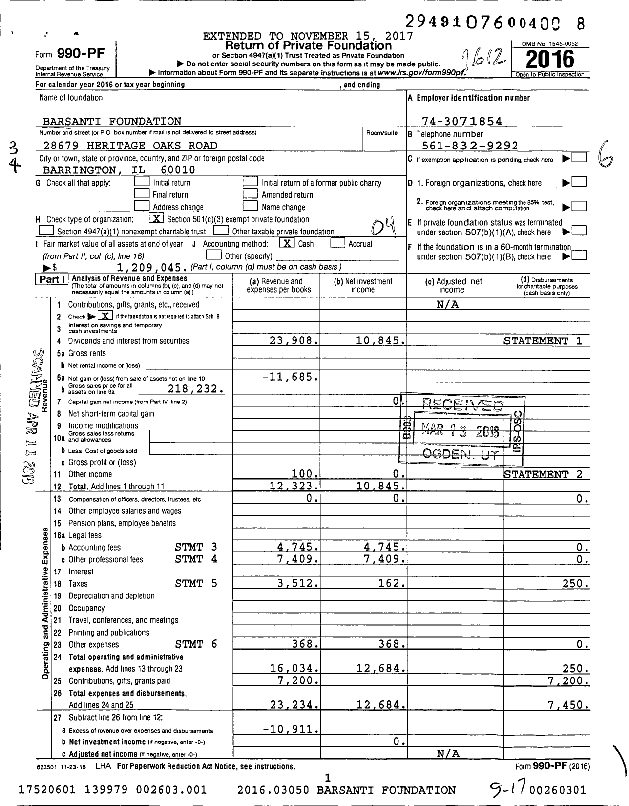 Image of first page of 2016 Form 990PF for Barsanti Foundation