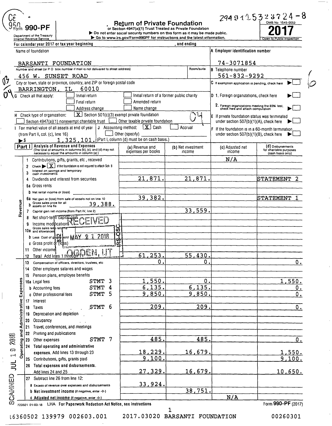 Image of first page of 2017 Form 990PF for Barsanti Foundation