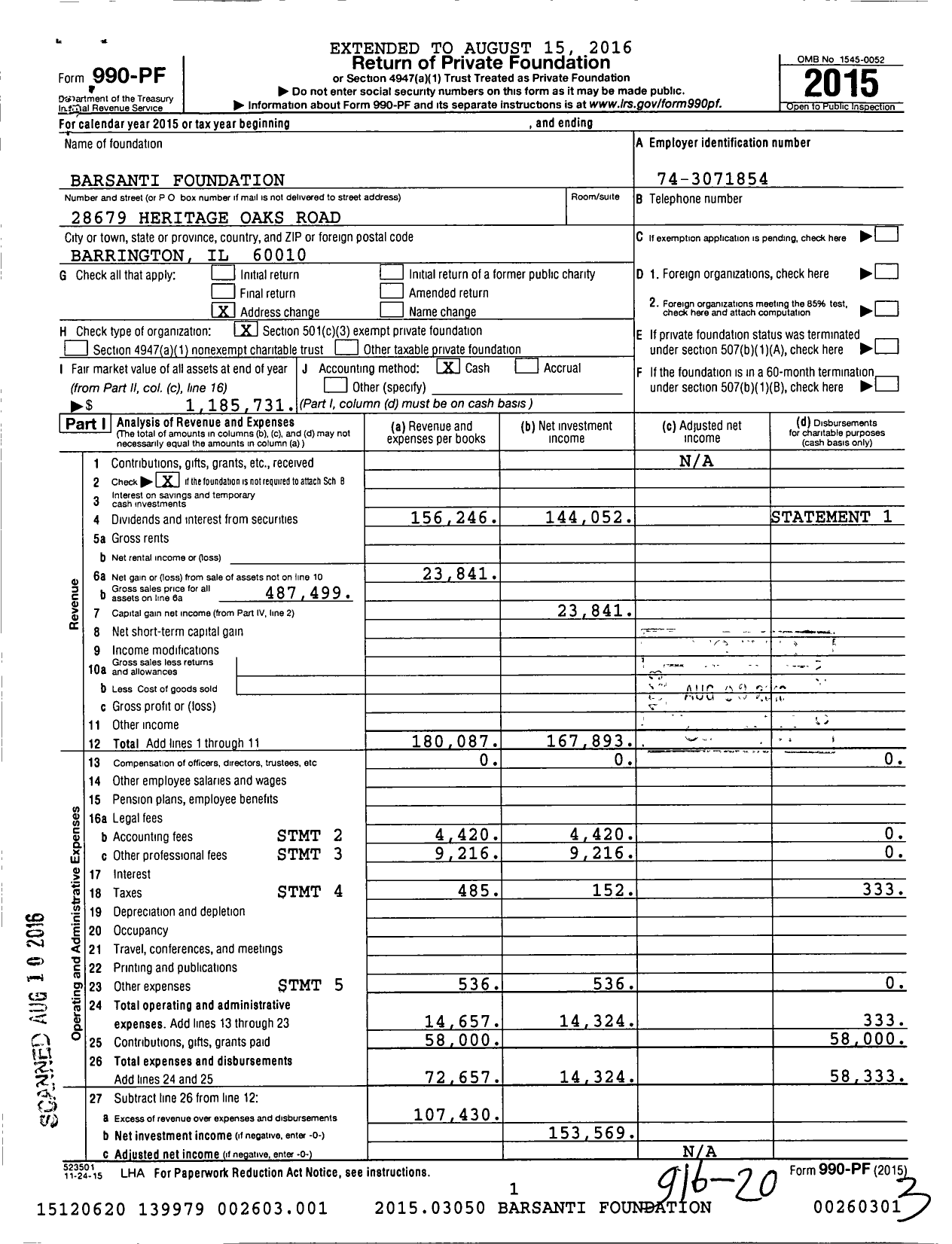 Image of first page of 2015 Form 990PF for Barsanti Foundation