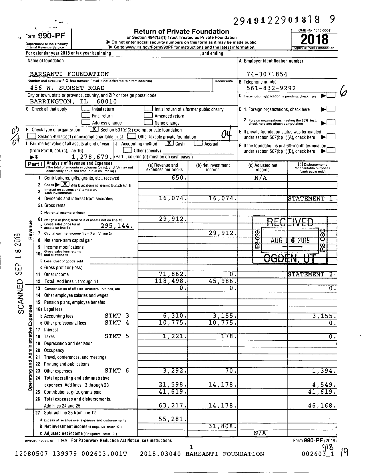 Image of first page of 2018 Form 990PF for Barsanti Foundation