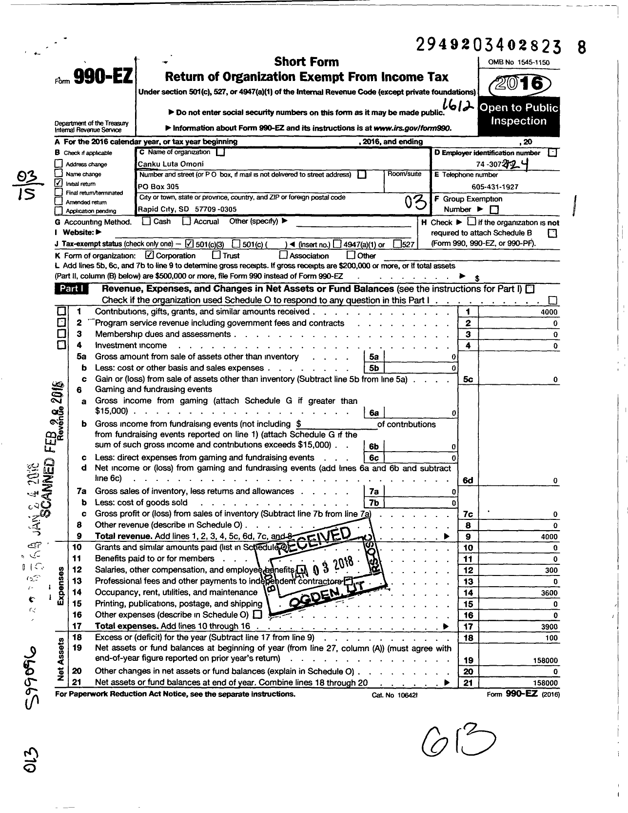 Image of first page of 2016 Form 990EZ for Canku Luta Omoni