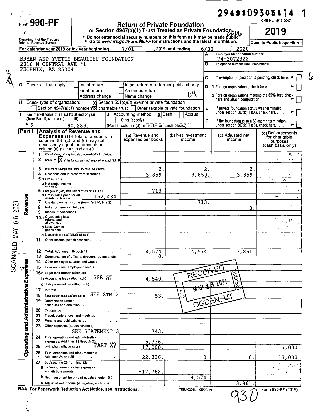 Image of first page of 2019 Form 990PF for Bryan and Yvette Beaulieu Private Foundation