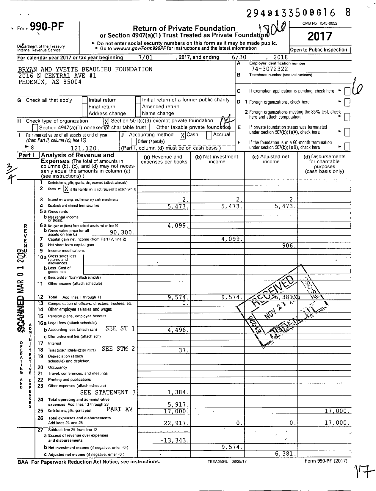 Image of first page of 2017 Form 990PF for Bryan and Yvette Beaulieu Private Foundation