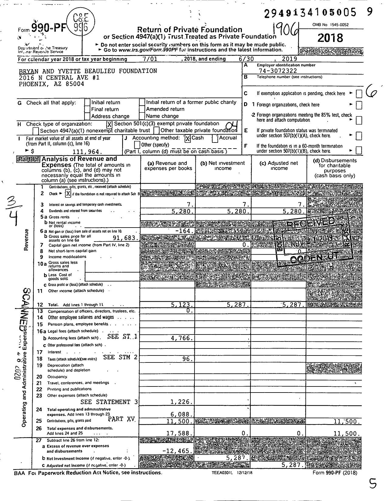 Image of first page of 2018 Form 990PF for Bryan and Yvette Beaulieu Private Foundation