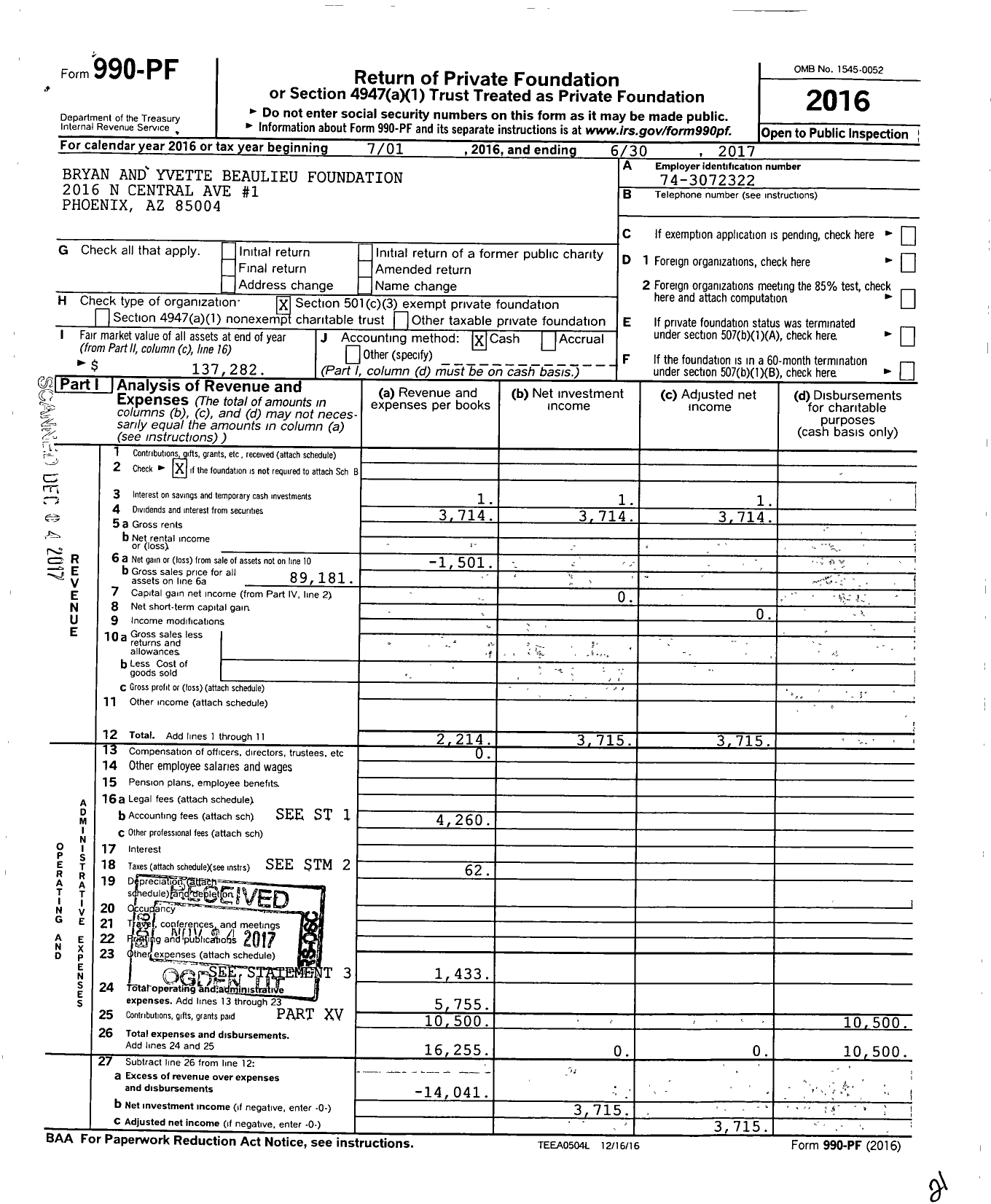 Image of first page of 2016 Form 990PF for Bryan and Yvette Beaulieu Private Foundation