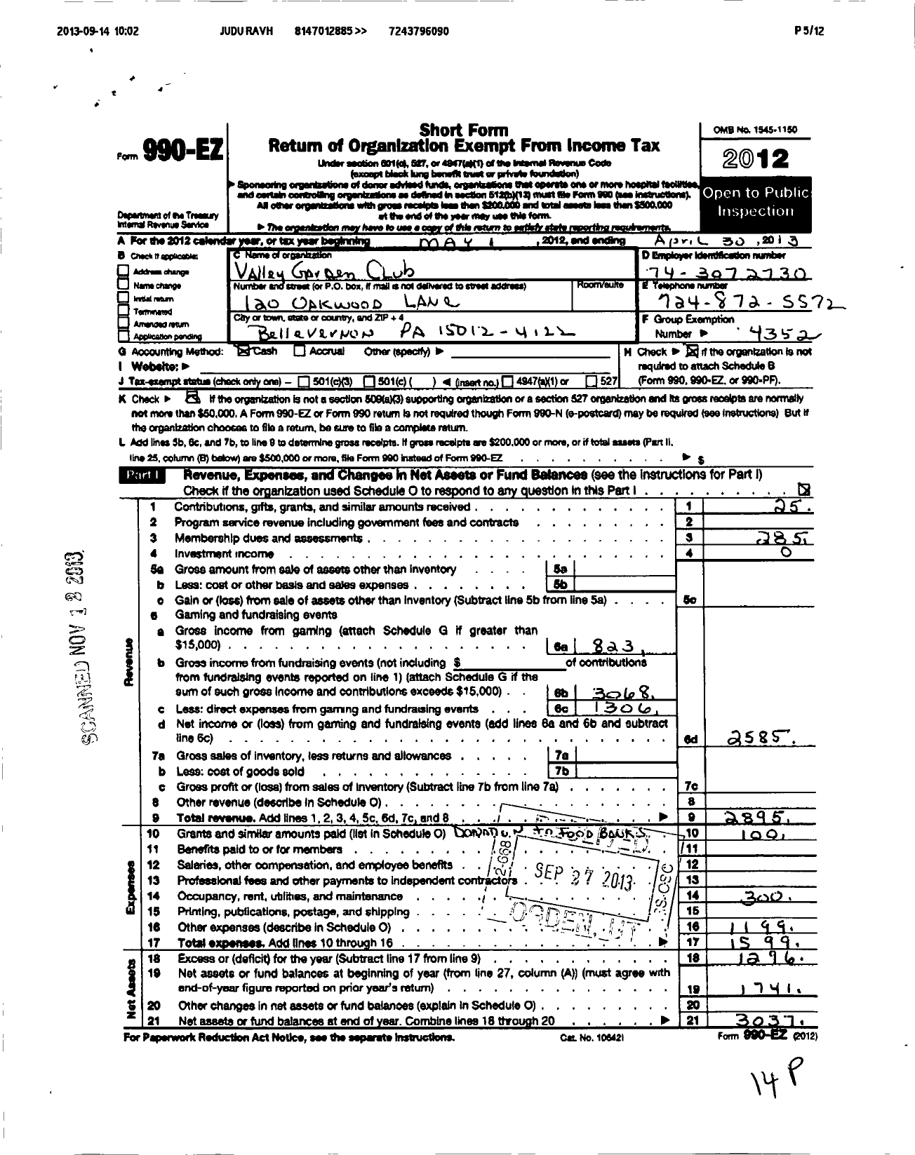 Image of first page of 2012 Form 990EO for Garden Club Federation of Pennsylvania