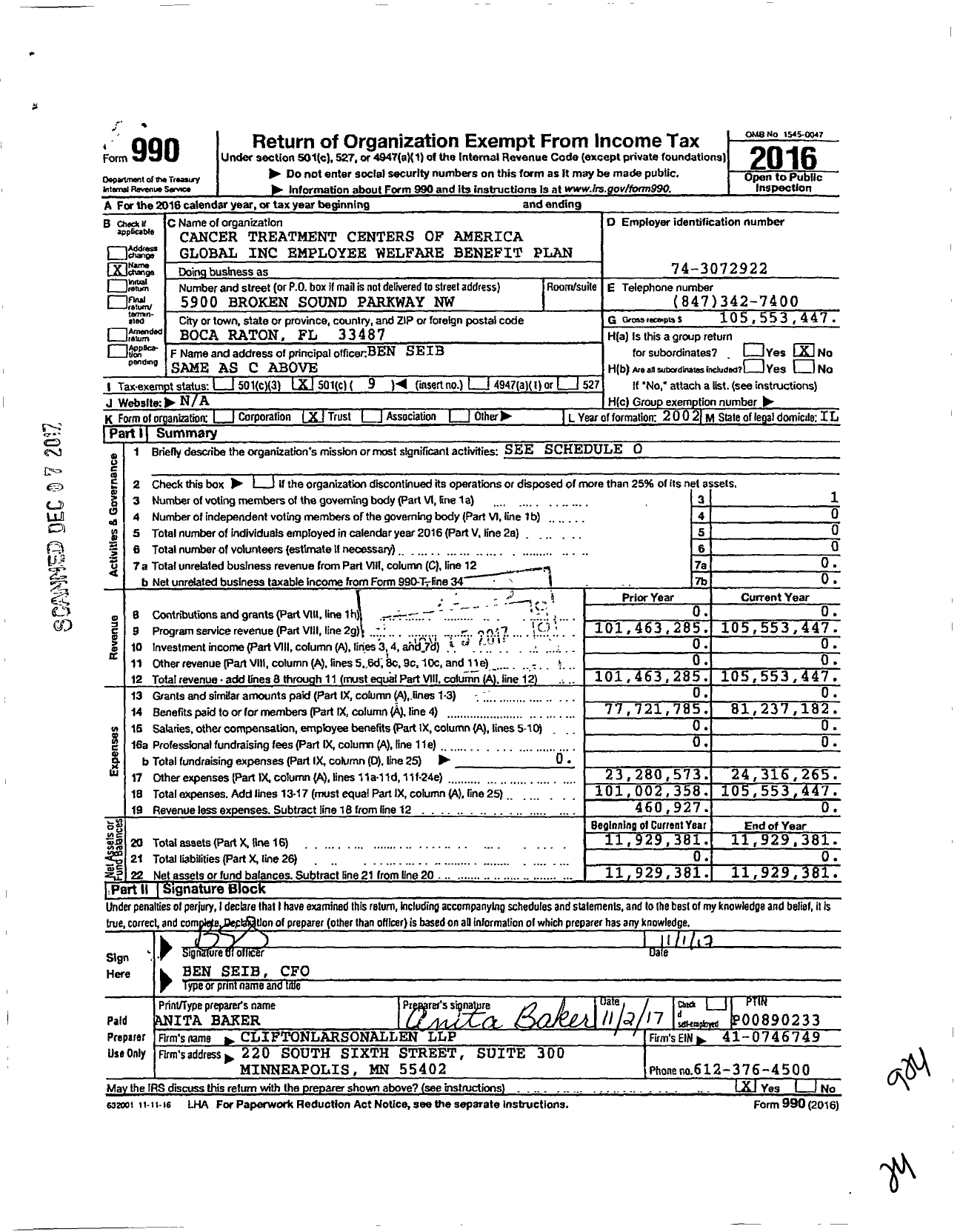 Image of first page of 2016 Form 990O for Cancer Treatment Centers of America Global Employee Welfare Benefits Plan