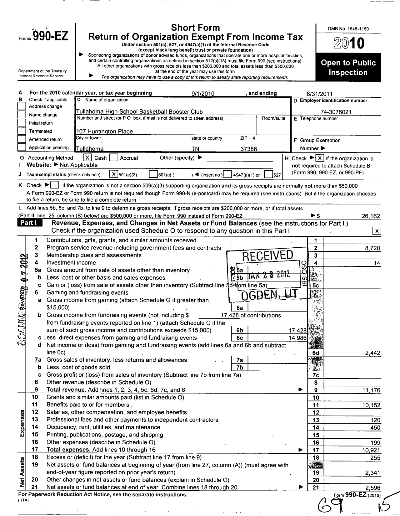 Image of first page of 2010 Form 990EZ for Tullahoma High School Basketball Booster Club