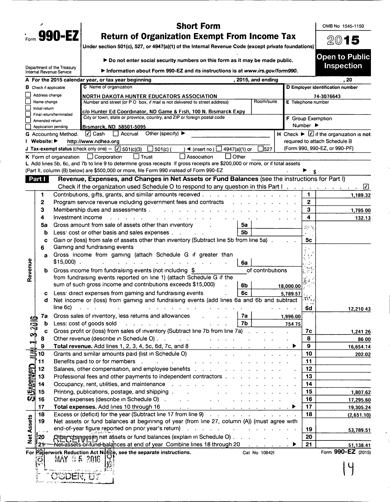 Image of first page of 2015 Form 990EZ for North Dakota Hunter Educators Association