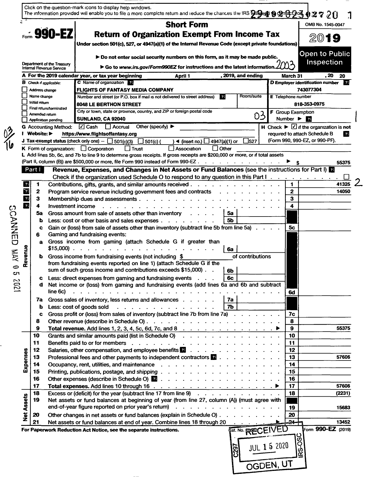 Image of first page of 2019 Form 990EZ for Flights of Fantasy Media Company